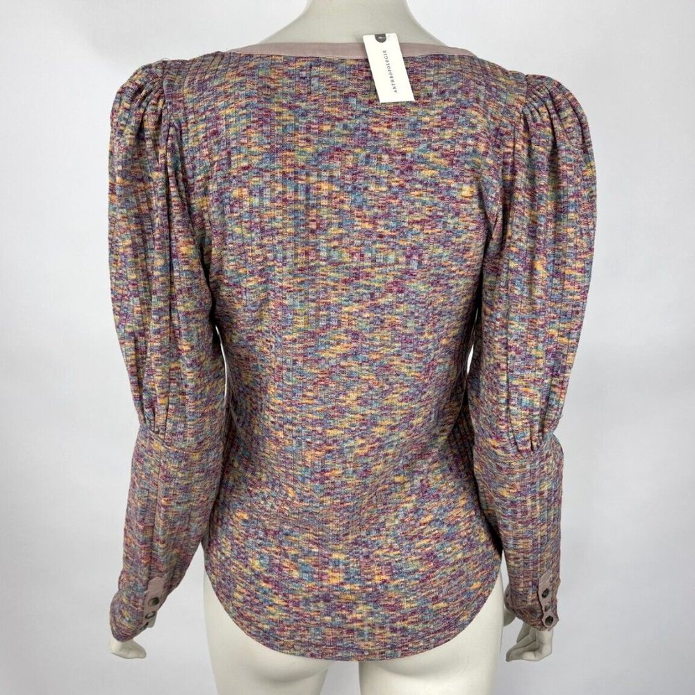 Anthropologie Puff-Sleeved Knit Henley Top Women S NWT Stretch Scoop Neck Purple - Picture 2 of 11